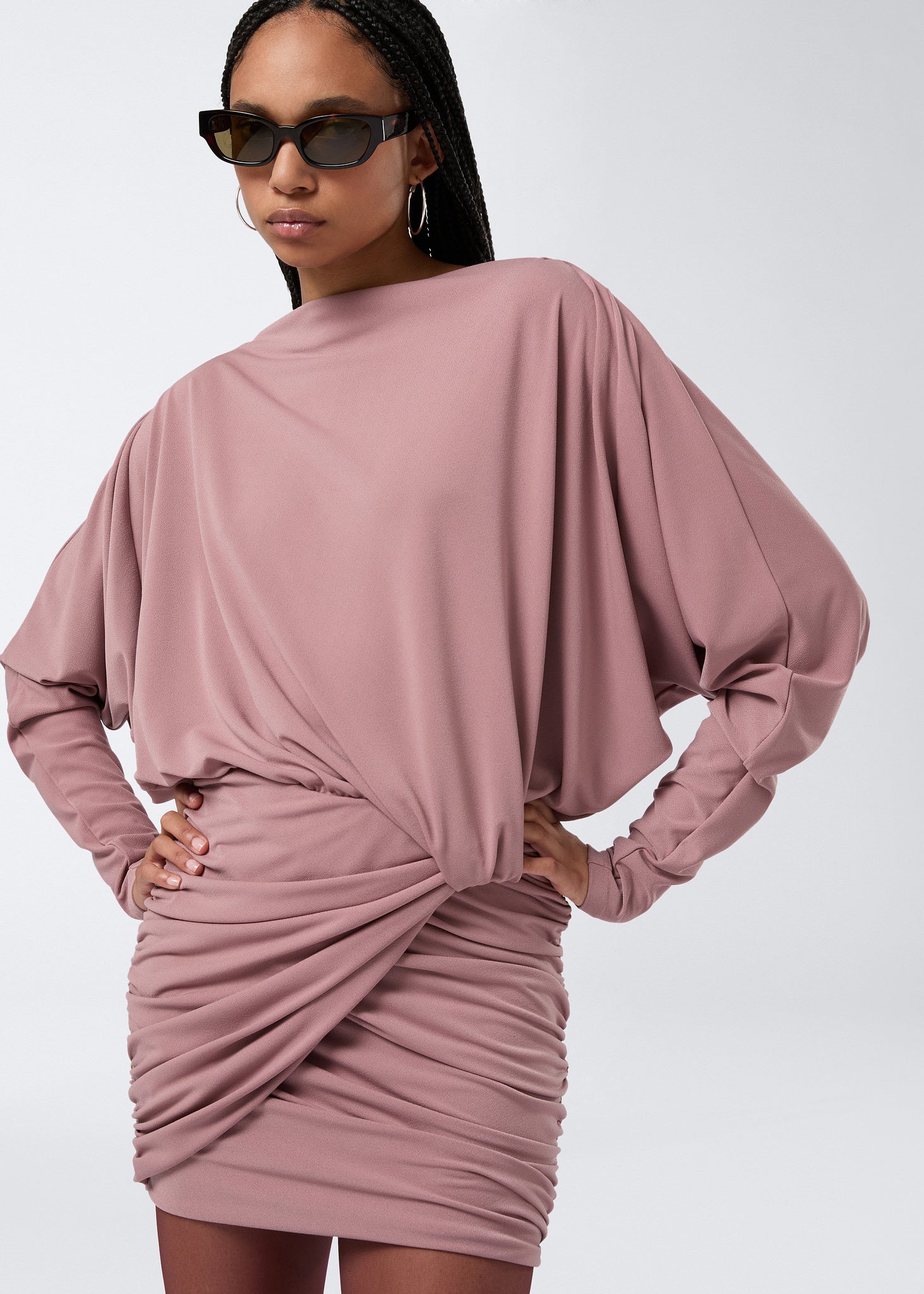 Draped Long Sleeve Mini Dress rose - The Andamane