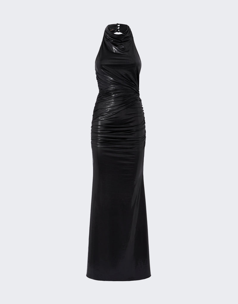 
                          Frontal view shows the Stella Maxi Dress in shiny black liquid jersey with a high draped turtleneck, ruched sides, and a sleek, form-fitting silhouette.
                        
