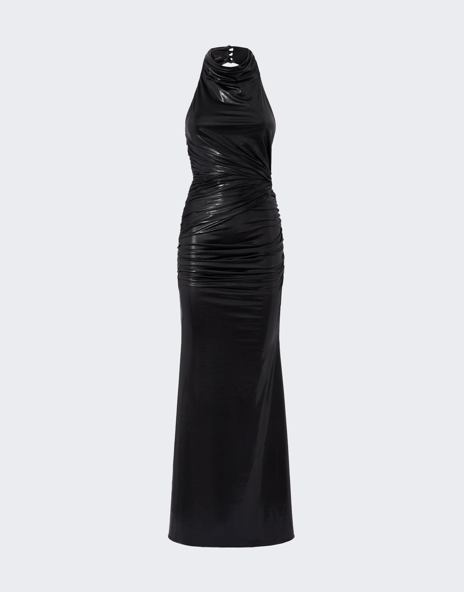 Frontal view shows the Stella Maxi Dress in shiny black liquid jersey with a high draped turtleneck, ruched sides, and a sleek, form-fitting silhouette.