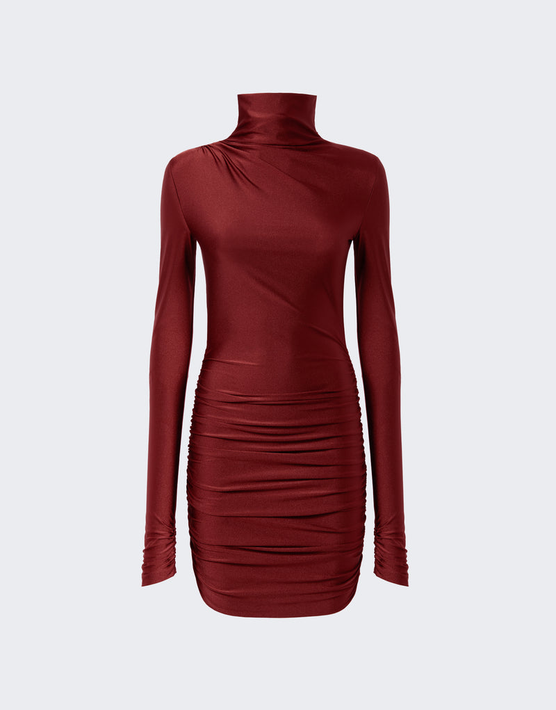 Oleandra Turtleneck Draped Mini Dress Bordeaux - The Andamane Oleandra Turtleneck Draped Mini Dress Bordeaux - The Andamane