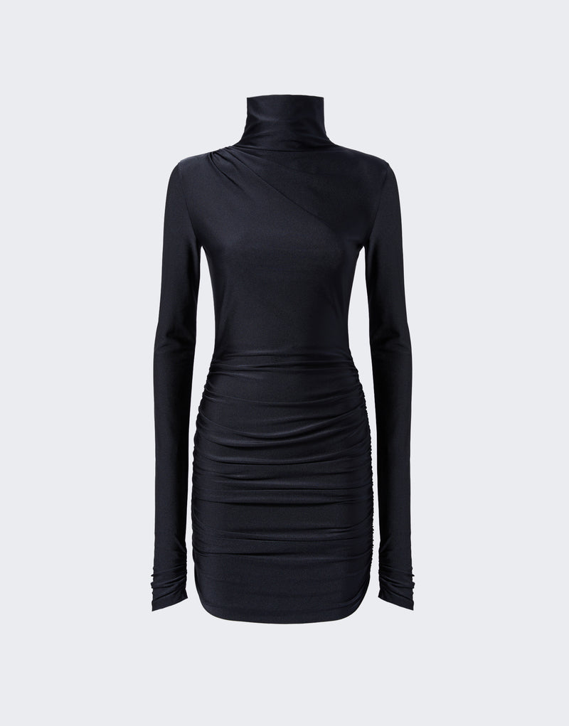 Oleandra Turtleneck Draped Mini Dress Black - The Andamane Oleandra Turtleneck Draped Mini Dress Black - The Andamane