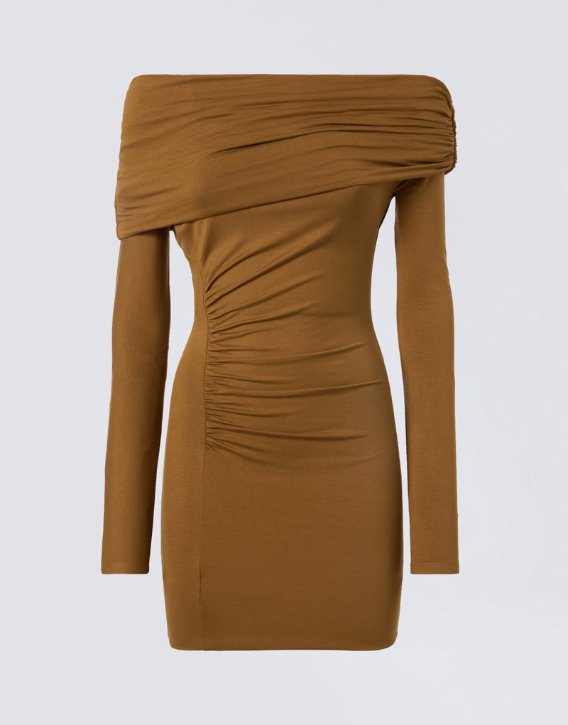 
                          Frontal view showing Zoe Mini Dress in light brown jersey fabric, featuring one-shoulder wrap design, long sleeves, and side draping detail for texture.
                        