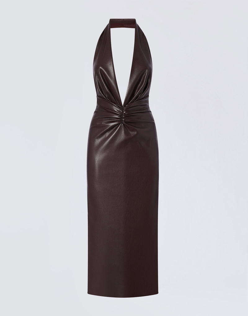 
                          Frontal view of the Zendaya Midi Dress in cabernet vegan leather, featuring a plunging V-neck with halterneck straps, ruched waist, and a sleek silhouette.
                        