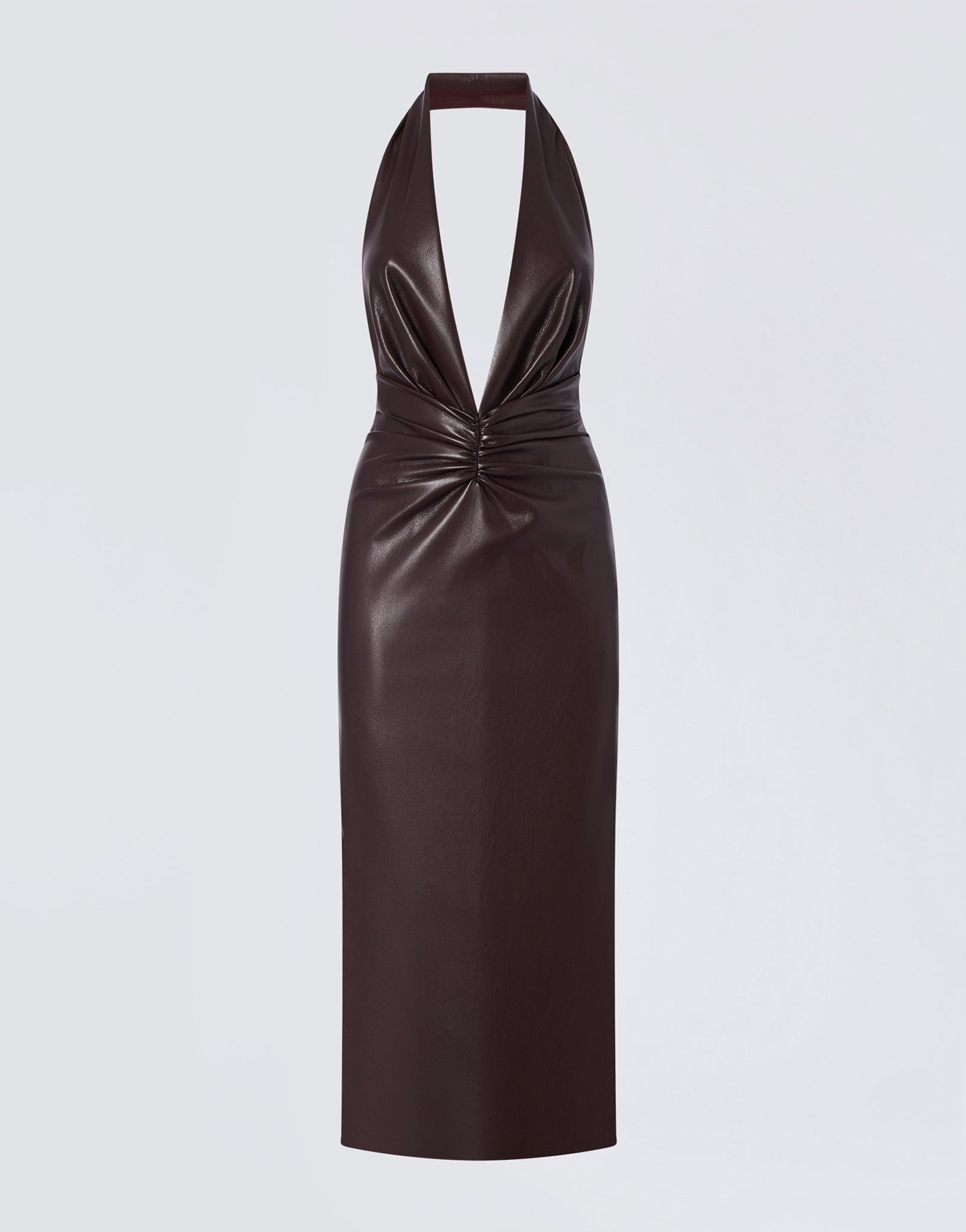 Frontal view of the Zendaya Midi Dress in cabernet vegan leather, featuring a plunging V-neck with halterneck straps, ruched waist, and a sleek silhouette.