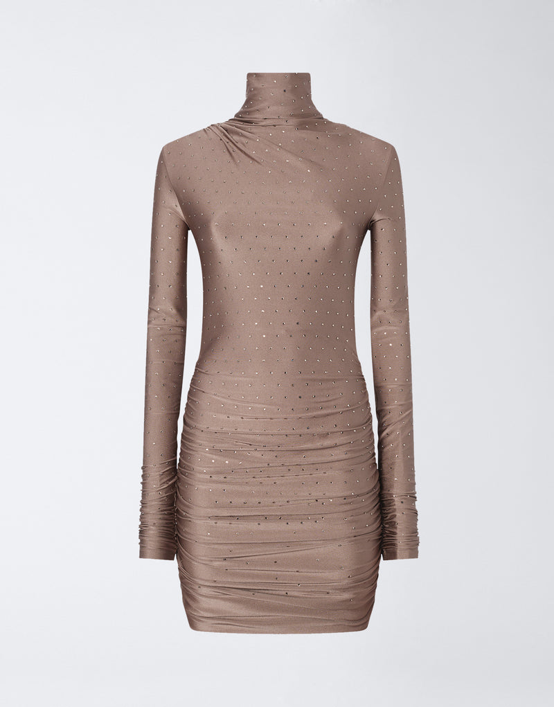 
                          Frontal view of the Oleandra Crystal Mini Dress, showing a greige shiny lycra turtleneck mini dress with long sleeves, draping at the shoulder, and tone-on-tone crystals.
                        