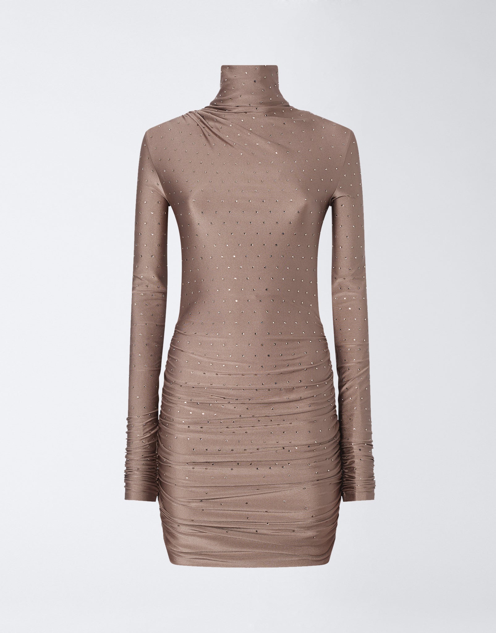 Frontal view of the Oleandra Crystal Mini Dress, showing a greige shiny lycra turtleneck mini dress with long sleeves, draping at the shoulder, and tone-on-tone crystals.