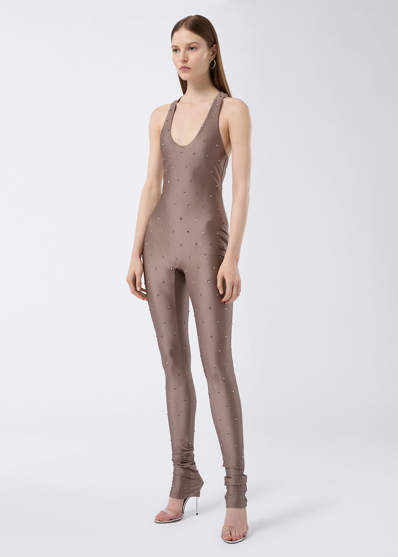 
                          Frontal view of a model wearing the Tess Crystal Jumpsuit, a greige, sleeveless, thin-strap lycra jumpsuit adorned with small crystals and featuring fitted, subtly flared leggings.
                        