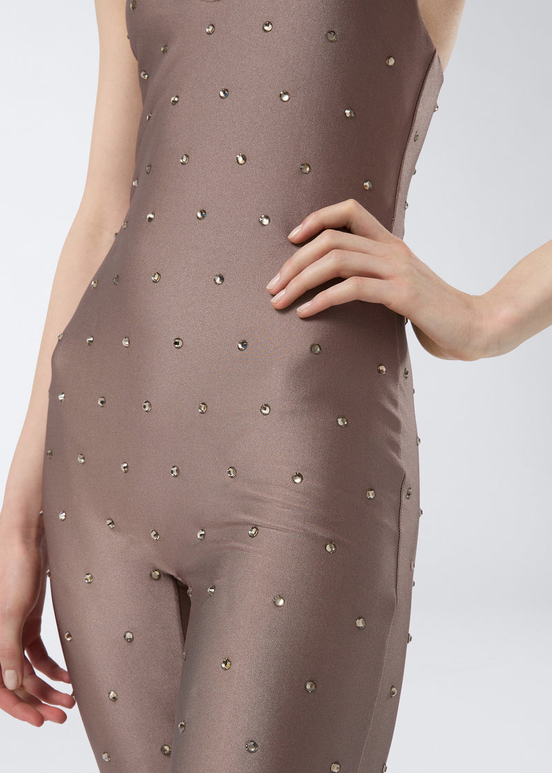 
                          Detail view showing the Tess Crystal Jumpsuit in greige shiny lycra, decorated with evenly spaced tone-on-tone crystals and featuring a fitted silhouette.
                        