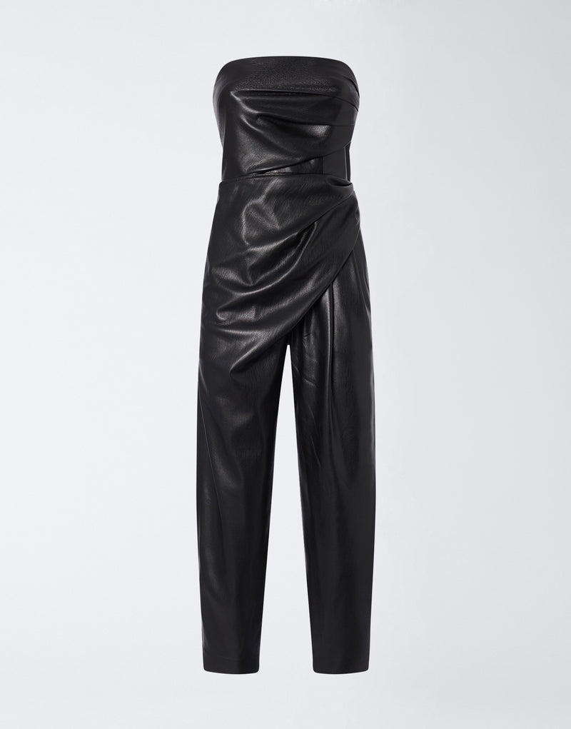 
                          Frontal view of the Yana Jumpsuit in black vegan leather, featuring a bustier neckline, sleeveless cut, draped detailing, and a tailored waist.
                        