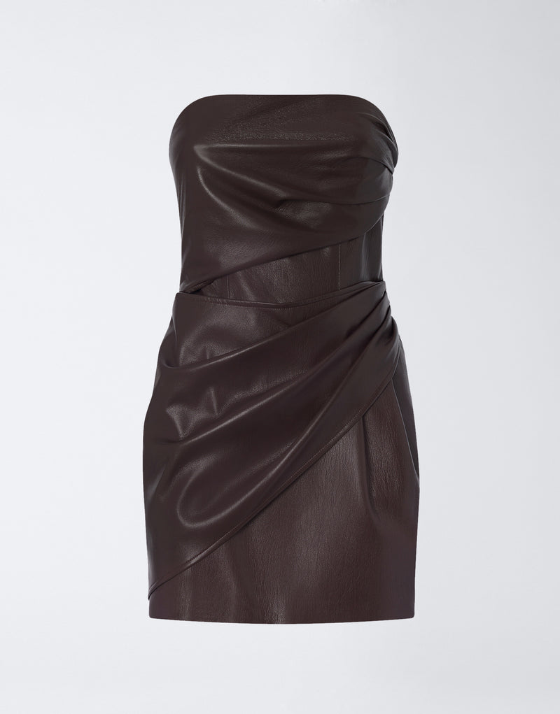 
                          Frontal view shows the Yana Mini Dress in cabernet vegan leather, sleeveless with a bustier neckline and subtle draping extending to the waistline.
                        