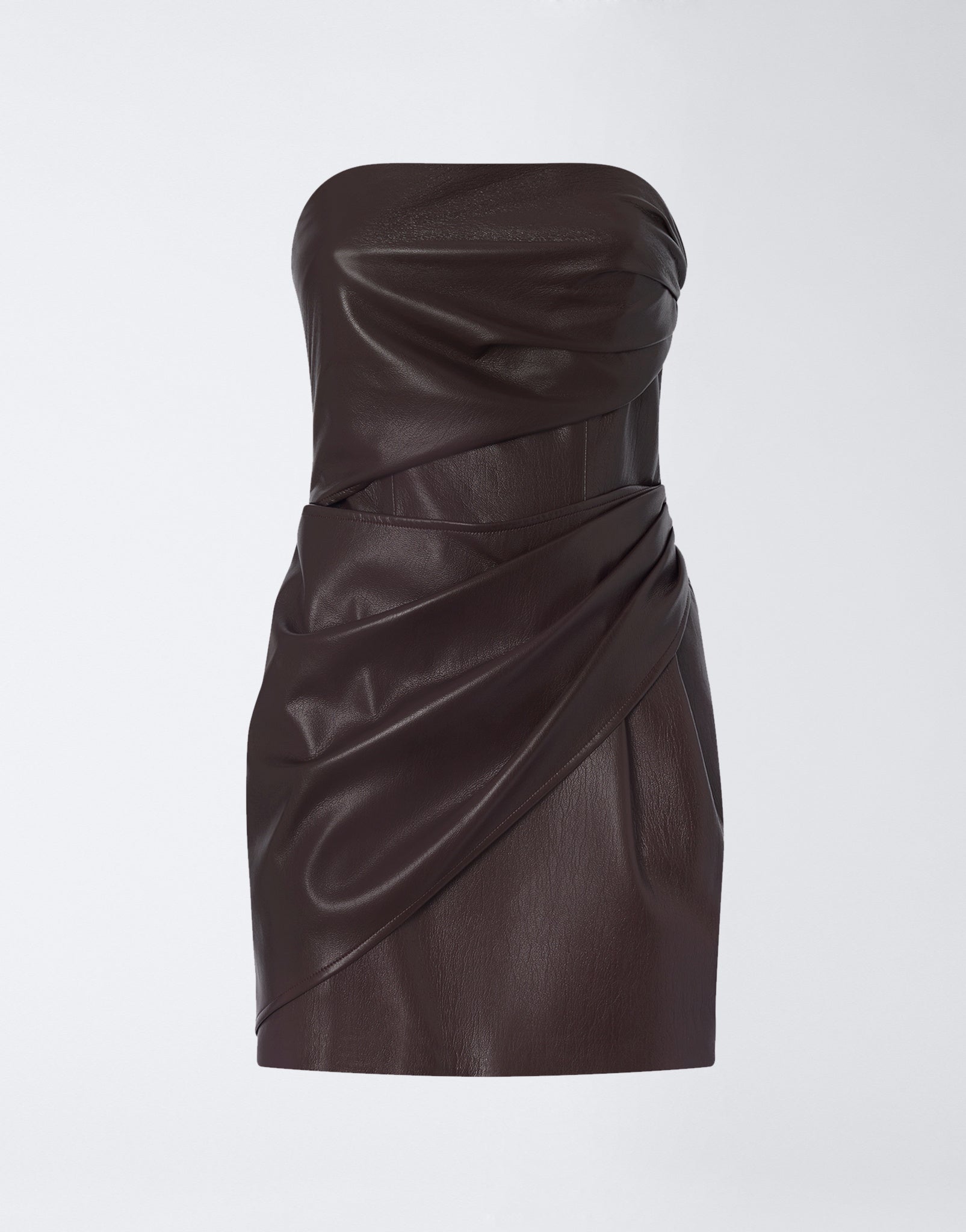 Frontal view shows the Yana Mini Dress in cabernet vegan leather, sleeveless with a bustier neckline and subtle draping extending to the waistline.