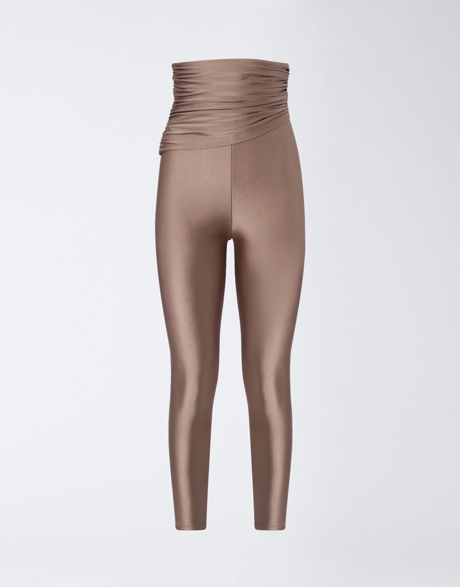 Frontal view of Vicky Leggings in a greige shiny lycra, featuring a high waist with draped fabric detail and full-length stretch fit.
