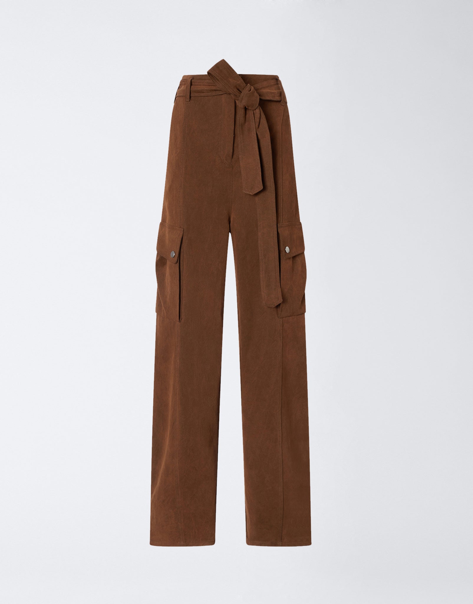 Frontal view of Xandra Maxi Pants showing cigar-colored, stone-washed cotton cargo pants with a self-tie belt, patch thigh pockets, and straight-leg fit.