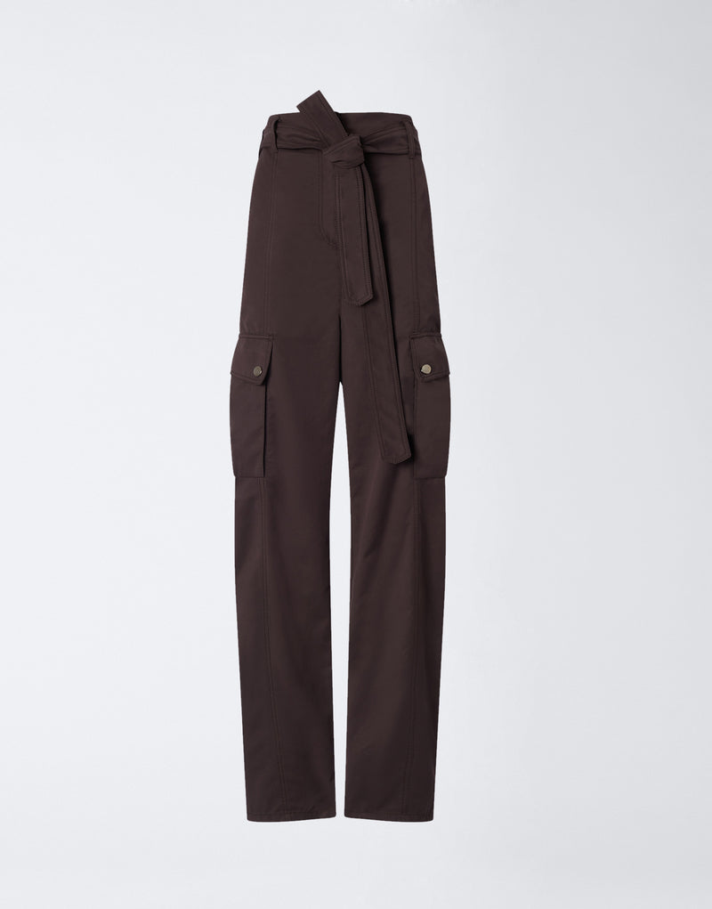 
                          Frontal view: Xandra Maxi Pants in dark brown suede-touch nylon with an adjustable waist belt, thigh and back button pockets, and relaxed leg silhouette.
                        