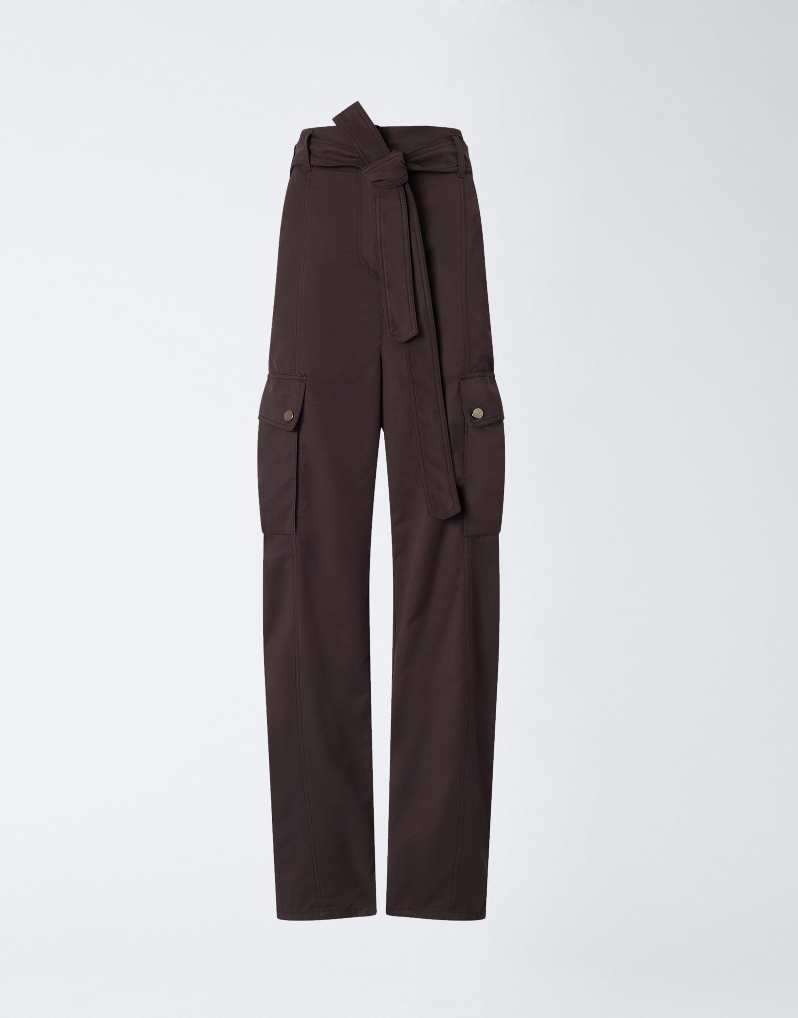 Frontal view: Xandra Maxi Pants in dark brown suede-touch nylon with an adjustable waist belt, thigh and back button pockets, and relaxed leg silhouette.