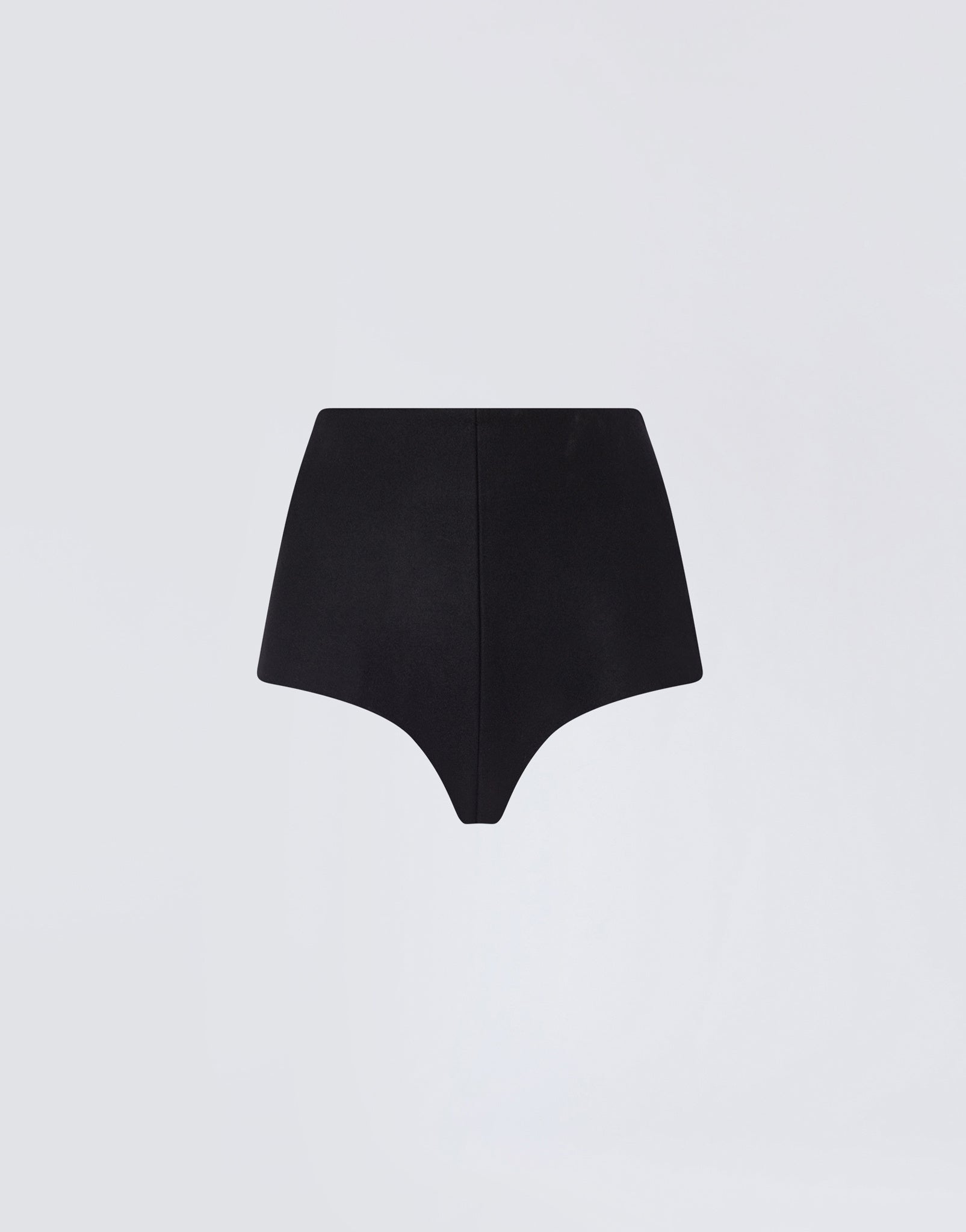 Frontal view of Tami Culottes, crafted from black felted wool, featuring a high waist, structured silhouette, and minimal seam detail against a plain background.