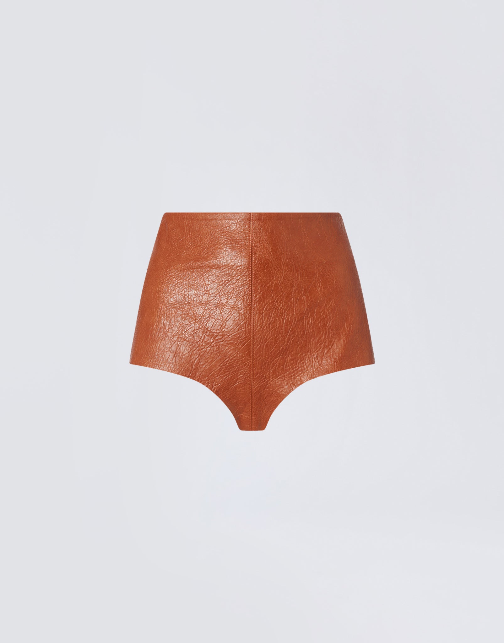 Frontal view of Tami Culottes, structured cuoio embossed eco-leather shorts with high waist, displayed against a plain background.