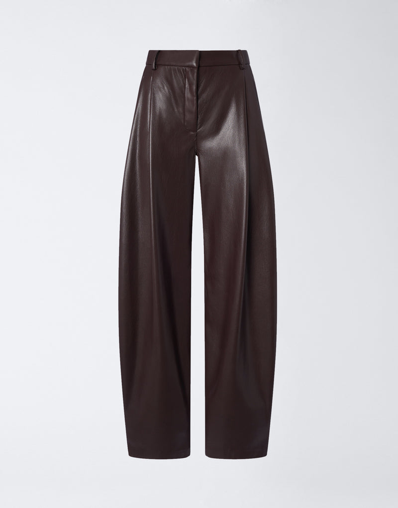 
                          Frontal view of Tracy Maxi Pants in cabernet-colored vegan leather, featuring flared legs, front pleats, belt loops, and side slit pockets on a plain background.
                        