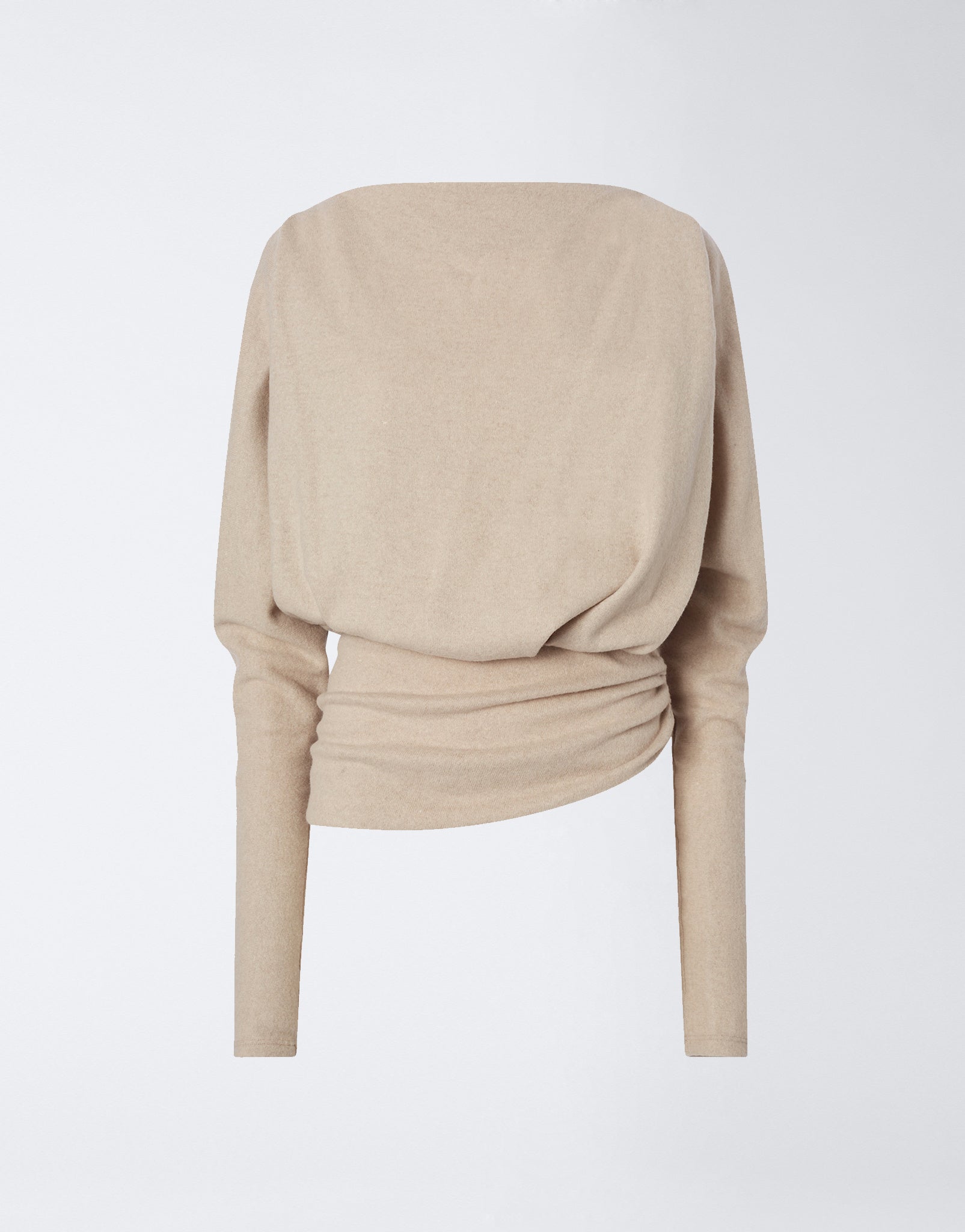 Frontal view of the Wisteria Top in sand-colored soft felted jersey, featuring a high boat neckline, long sleeves, and a draped large waistband cinching the waist.