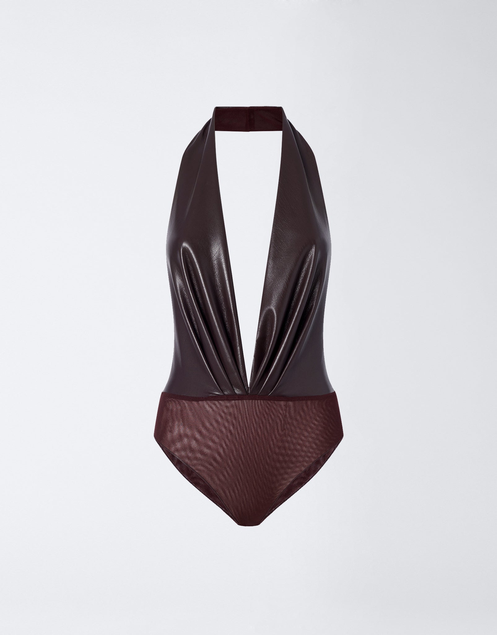 Frontal view of the Zendaya Bodysuit in cabernet vegan leather, featuring a plunging V-neck halterneck, sleeveless design, deep front pleats, and button-finished crotch.