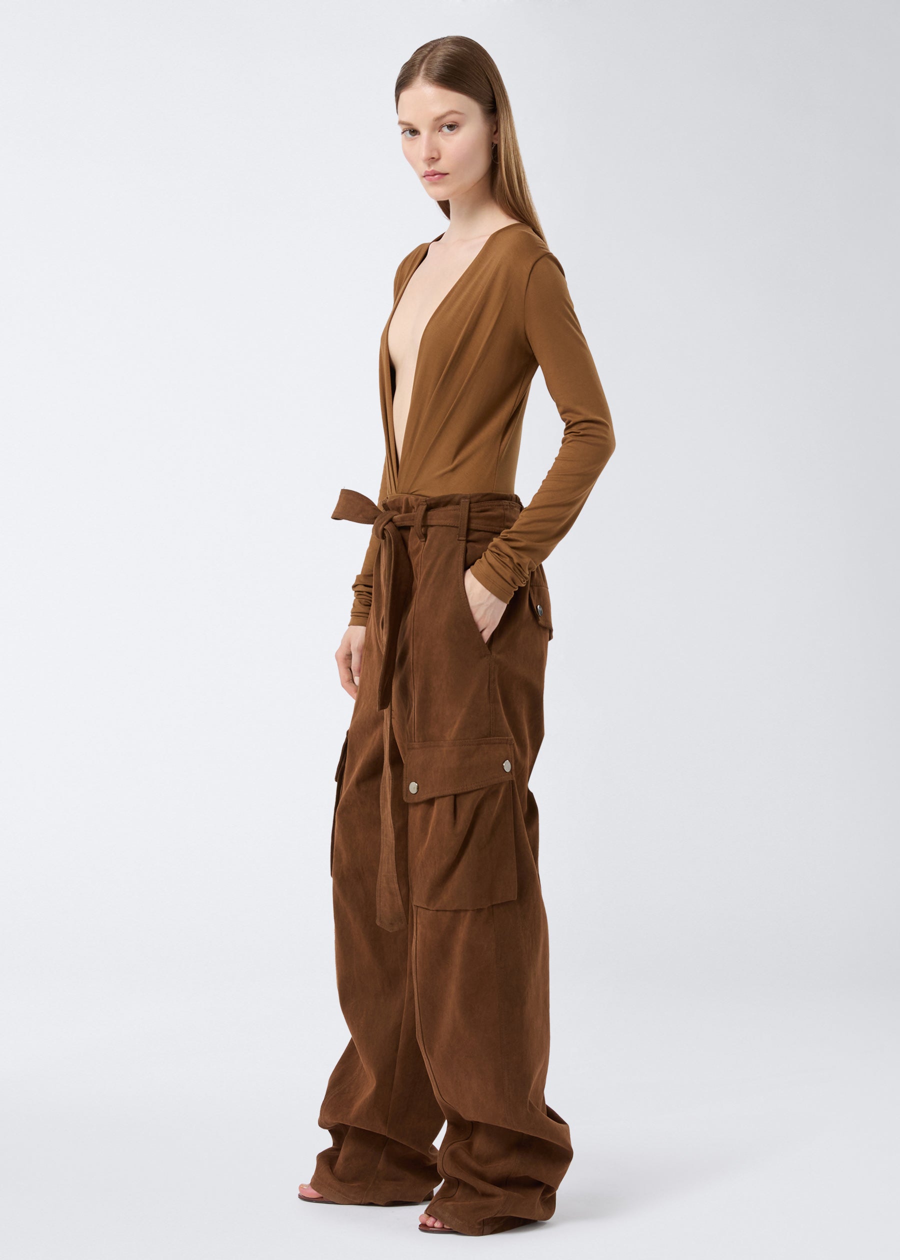 Plunge Long Sleeve Bodysuit Cigar - The Andamane