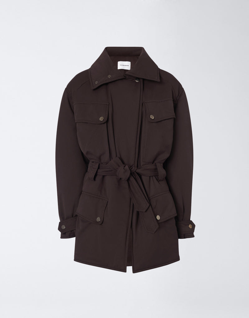 
                          Frontal view. Xandra Jacket in dark brown structured suede-touch nylon, oversized spread collar, matching belt at back, four buttoned flap pockets, buttoned cuffs.
                        