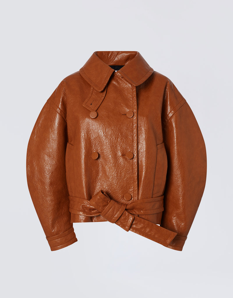 
                          Frontal view of Zarina Coat in cuoio embossed eco leather, featuring large collar, double-breasted button closure, notched lapel, throat latch, and matching belt.
                        