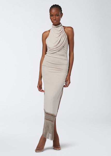 hutch plunge halter fringe knit midi dress Striped Asymmetrical Fringe Halter Midi Dress In Ivory Navy