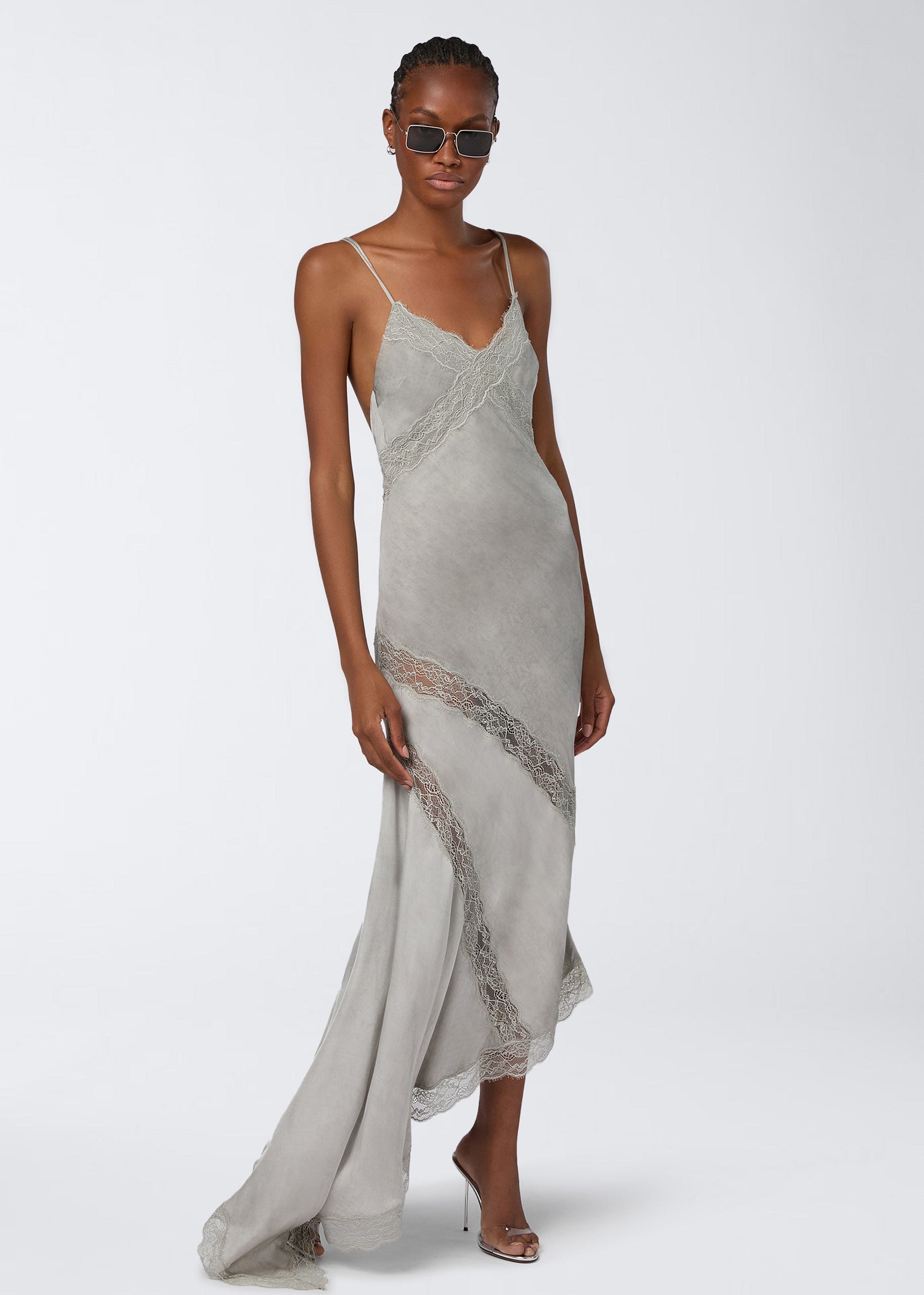 The Andamane - Satin lace trim slip dress oyster