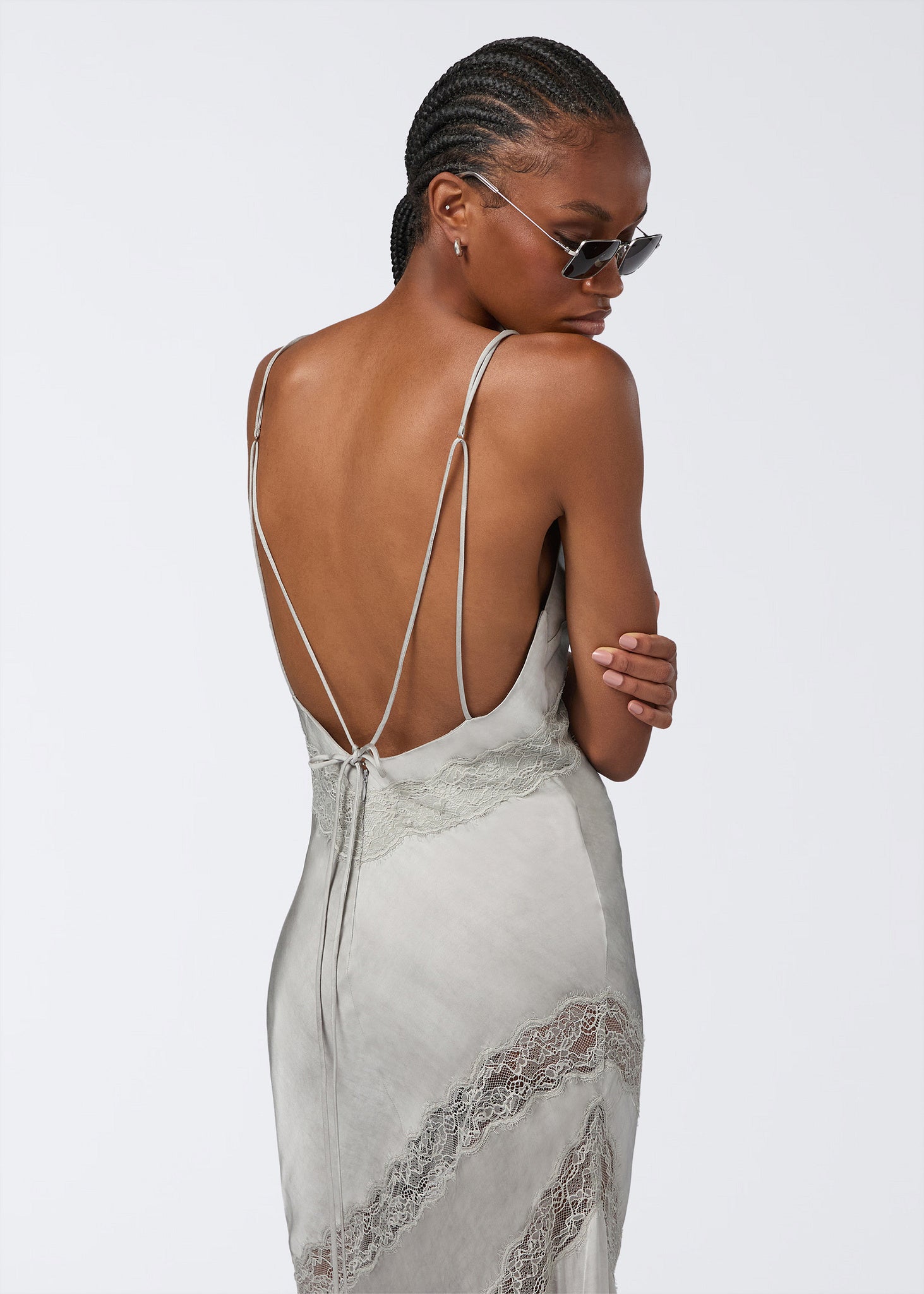 The Andamane - Satin lace trim slip dress oyster The Andamane - Satin lace trim slip dress oyster