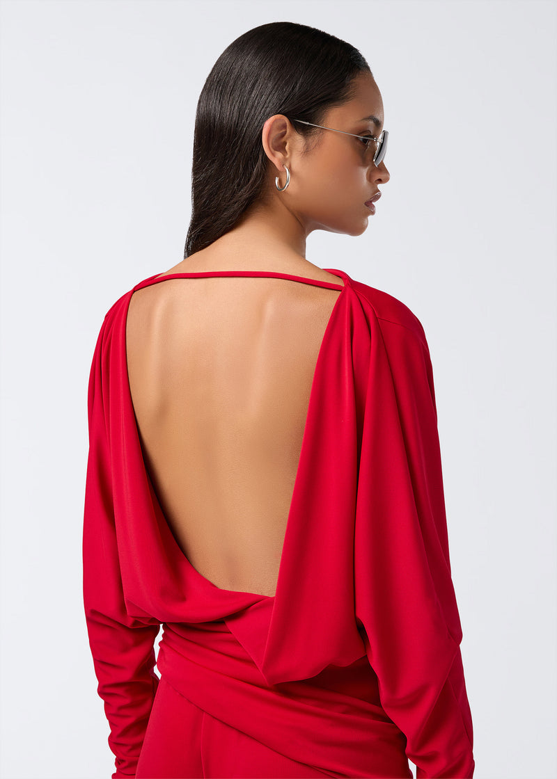 red backless dress with sleeves Milani | Red Backless Cowl Neck Fishtail Maxi Dress Club L London