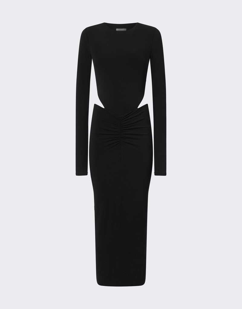 Frontal view of the Heloise Midi Dress, a black stretch jersey dress with a T-shirt-shaped bodice, hip cut-outs, and a ruched midi skirt with long sleeves.