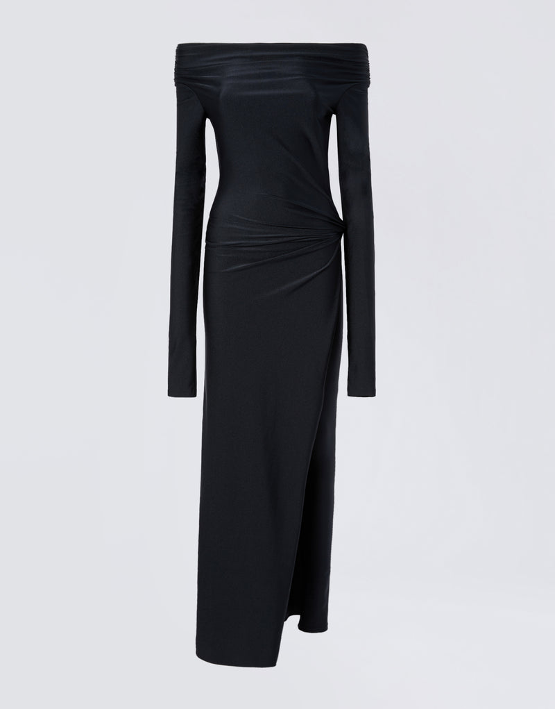 
                          Frontal view of the Wallis Jumpsuit, an off-the-shoulder, black shiny lycra jumpsuit with long sleeves, draped waist, and a high slit revealing inner leggings.
                        