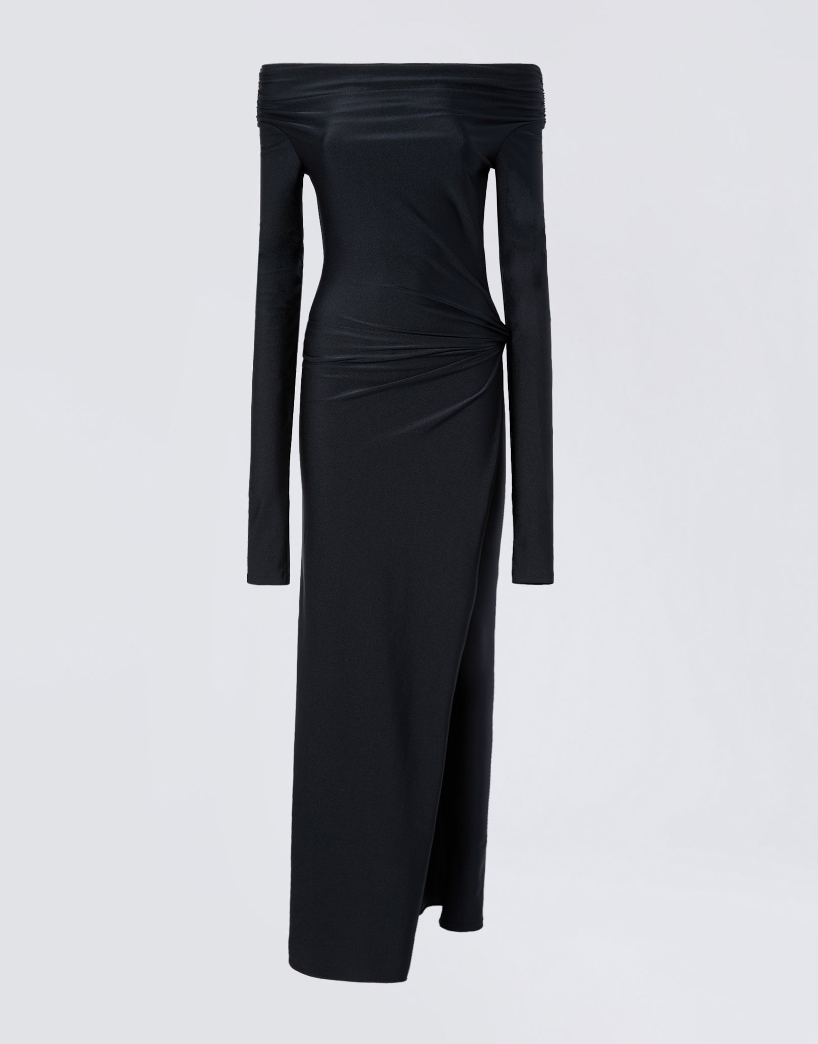 Frontal view of the Wallis Jumpsuit, an off-the-shoulder, black shiny lycra jumpsuit with long sleeves, draped waist, and a high slit revealing inner leggings.