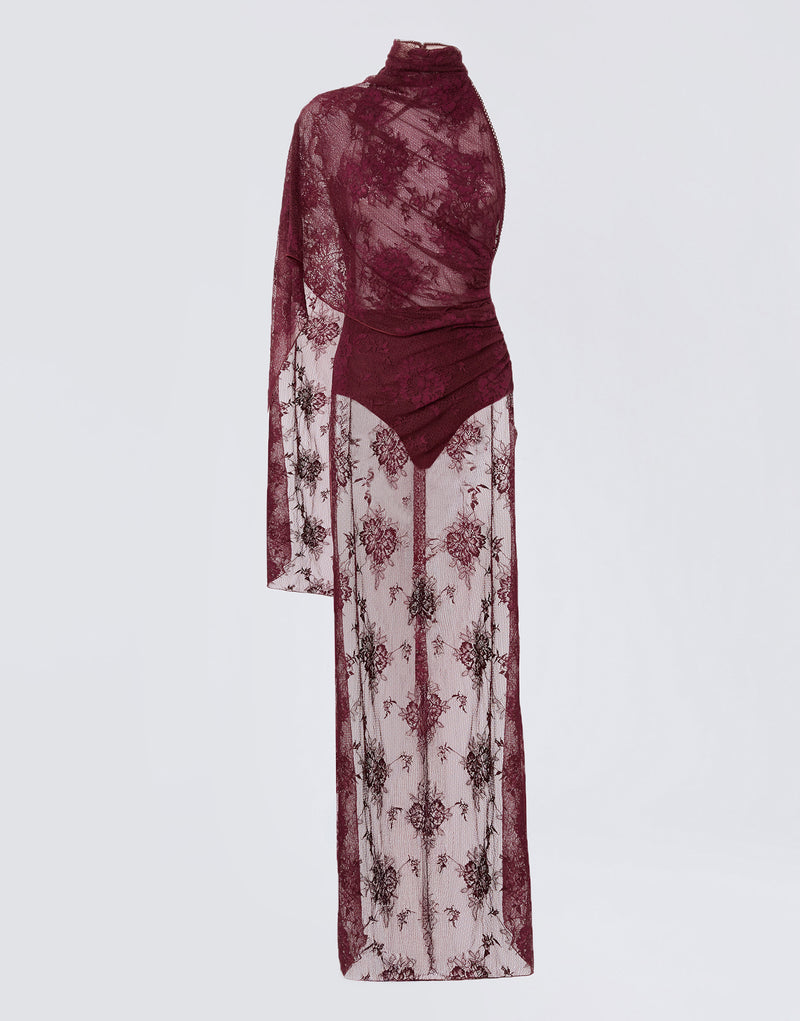 
                          Frontal view. Waverly Maxi Dress in cabernet lace, featuring a sheer finish, turtleneck, cape draping over one shoulder, floor-length skirt with leg slit.
                        