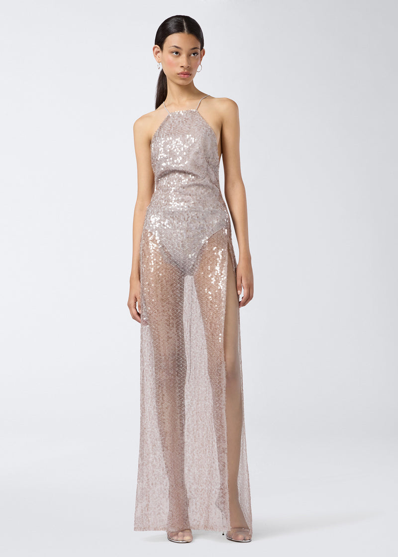 
                          Frontal view of the West Maxi Dress; features a steel-colored sequin design with thin straps, open back, floor-length sheer skirt, and a shimmering finish.
                        