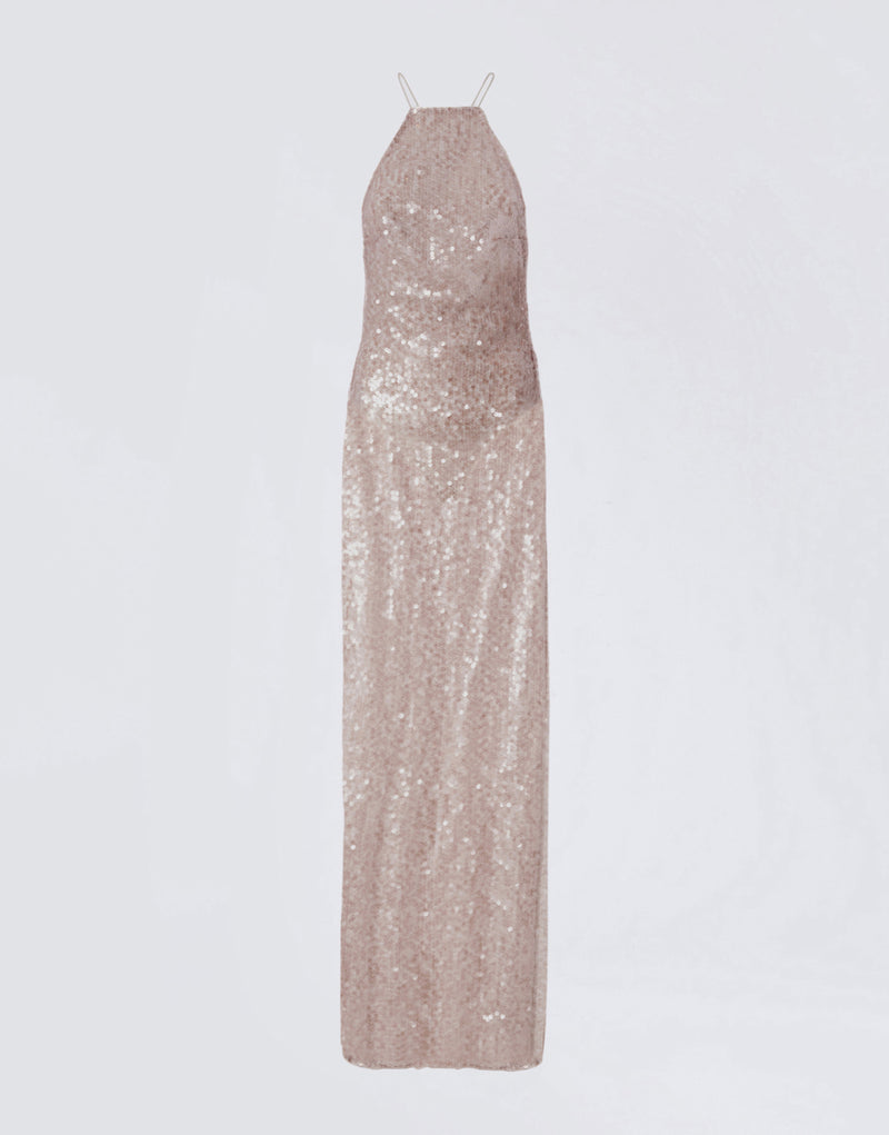 
                          Frontal view of the West Maxi Dress showing an elegant steel-colored, floor-length dress covered in sequins, with thin spaghetti straps and a straight silhouette.
                        