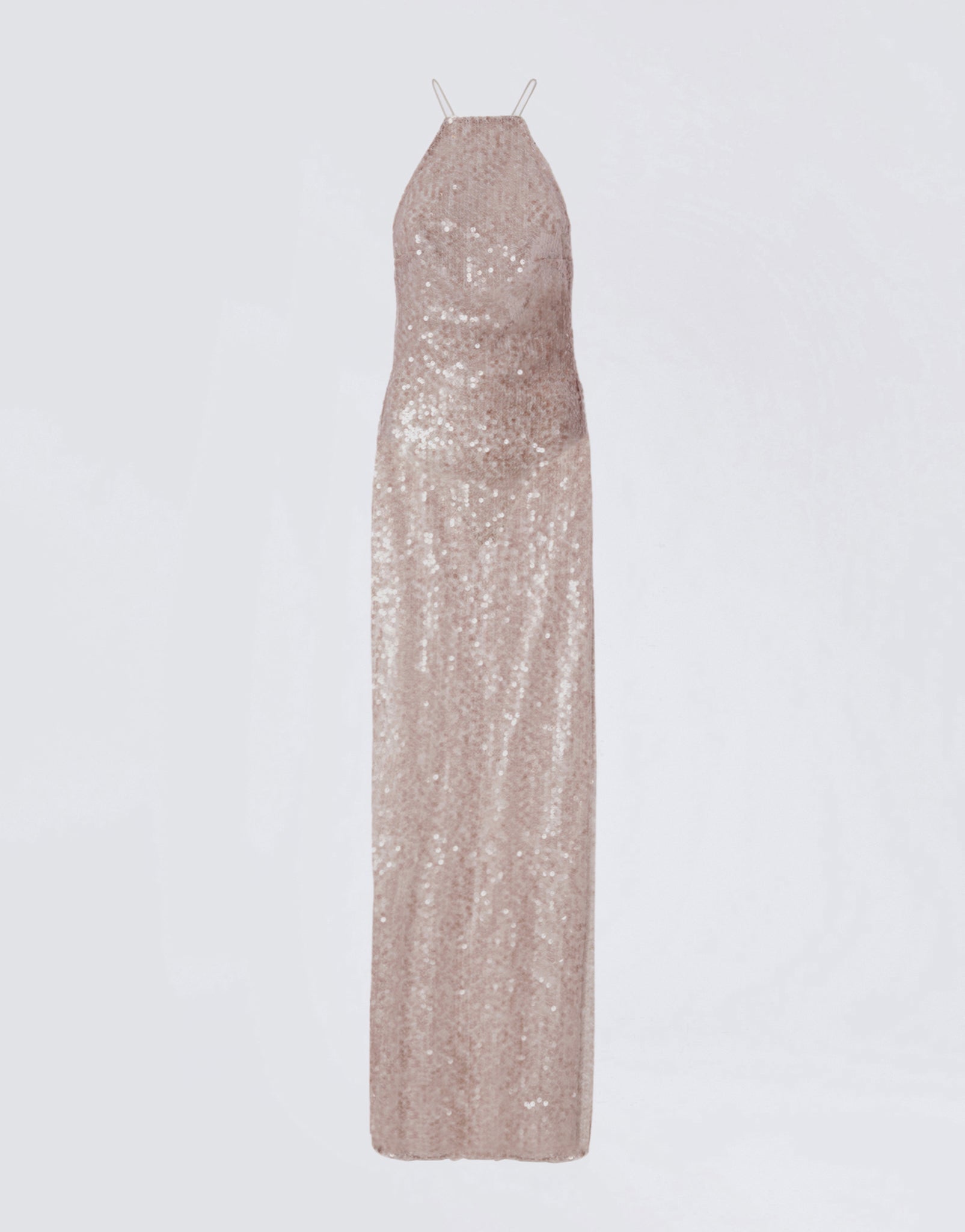 Frontal view of the West Maxi Dress showing an elegant steel-colored, floor-length dress covered in sequins, with thin spaghetti straps and a straight silhouette.