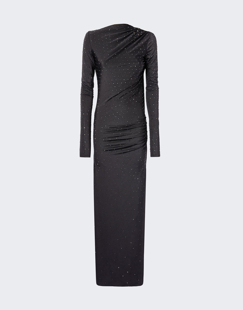 
                          Rear view. Sophie Maxi Crystal Dress in black lightweight jersey, fully adorned with crystals, features a draped open back, long sleeves, and side ruching.
                        