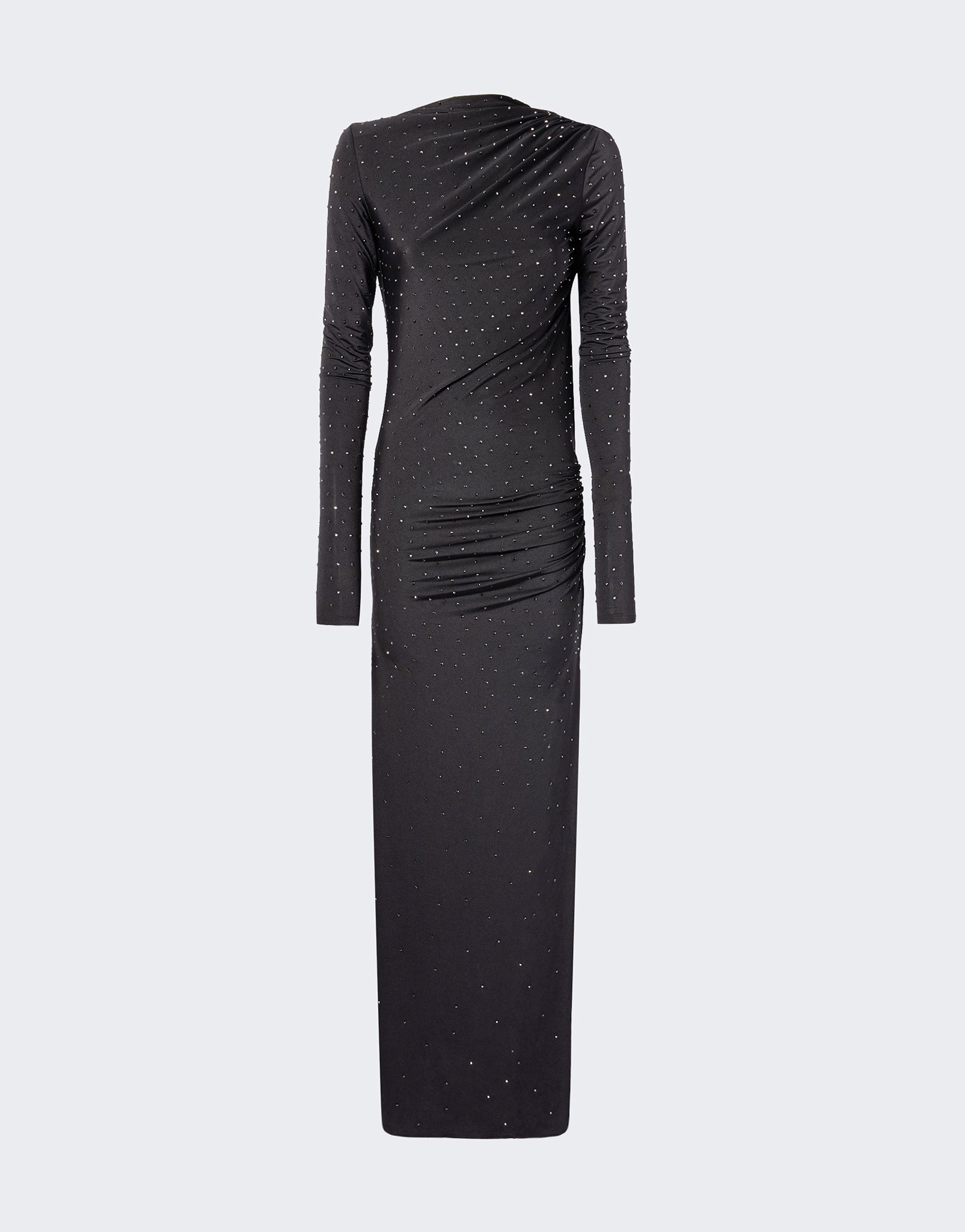 Rear view. Sophie Maxi Crystal Dress in black lightweight jersey, fully adorned with crystals, features a draped open back, long sleeves, and side ruching.
