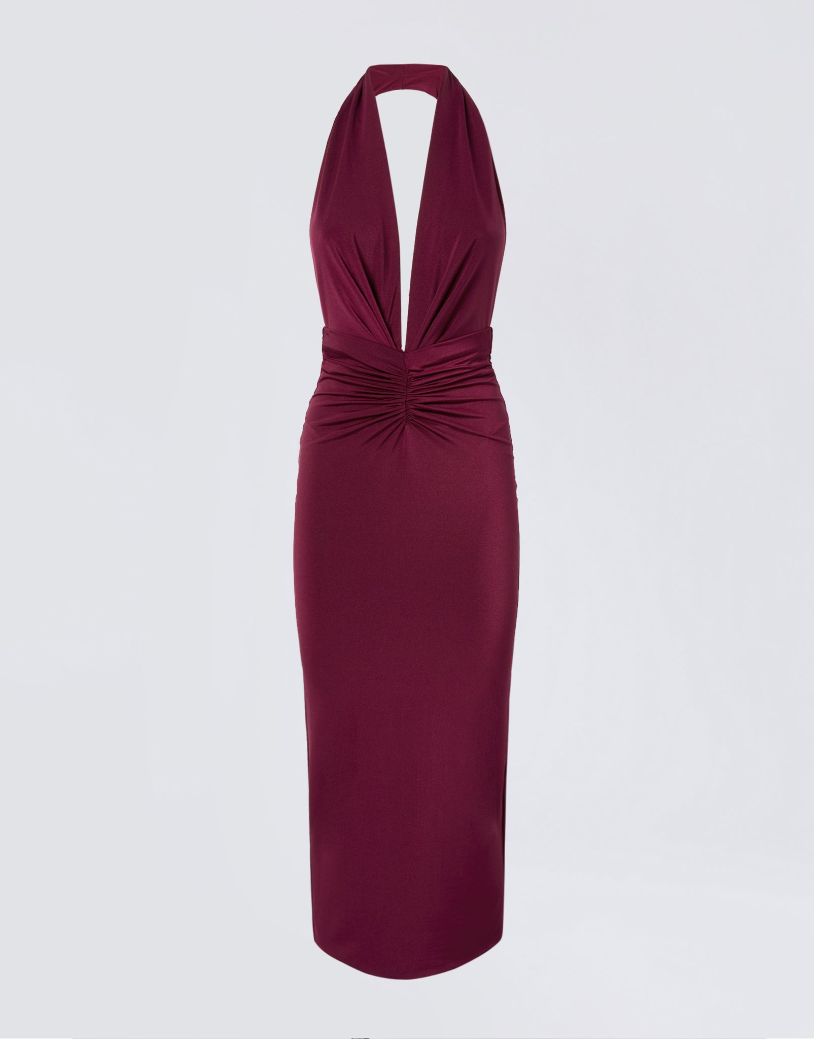 Frontal view of the Zendaya Midi Dress in cabernet lightweight jersey, showcasing a halterneck strap, deep plunging V-neck, ruched waist, and timeless silhouette.