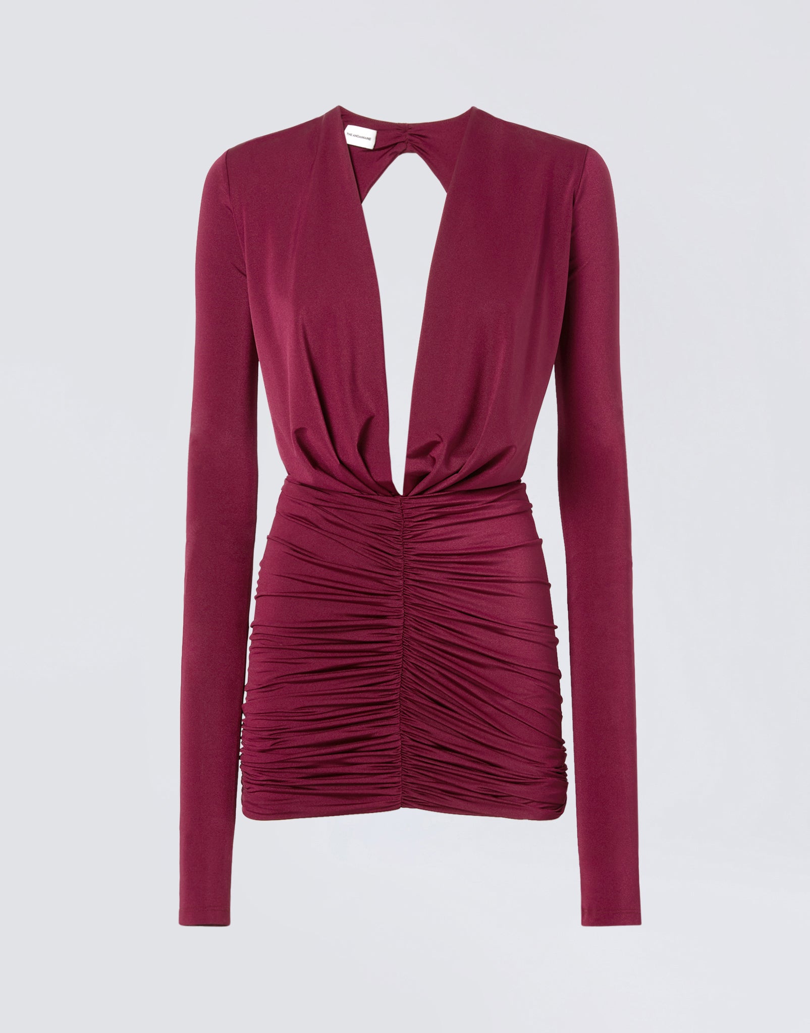 Frontal view of the Zelda Mini Dress in cabernet lightweight jersey, featuring a plunging V-neck, long sleeves, and ruched textured mini skirt.