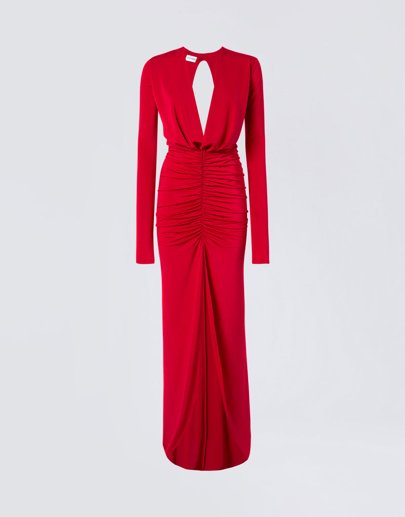
                          Frontal view of the Zelda Maxi Dress in vibrant red jersey, showcasing a plunging V-neck, long sleeves, tailored bodice with ruching, and a front slit.
                        