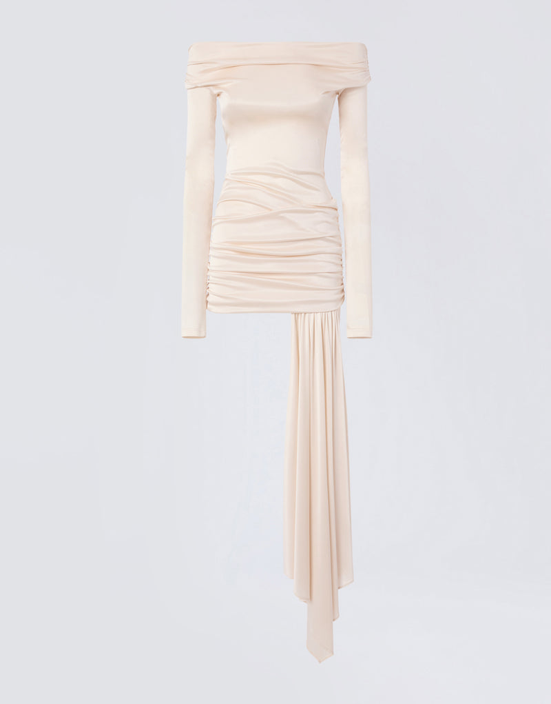 
                          Frontal view of the Wendell Mini Dress in ivory shiny jersey, featuring an off-the-shoulder neckline, long sleeves, draped front, ruching at the back, and a long panel detail hanging from the hem.
                        
