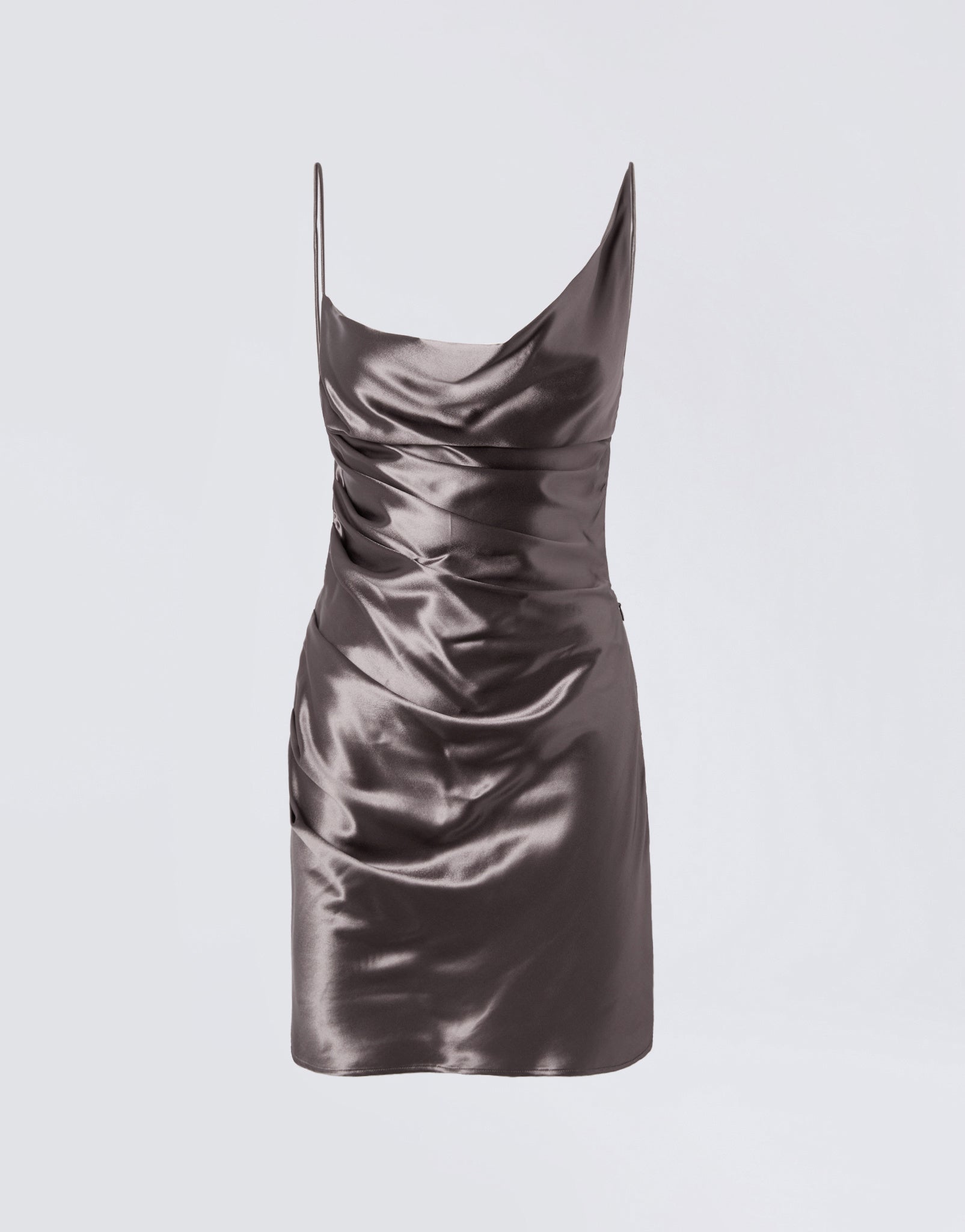 Frontal view of Willa Mini Dress in steel-colored shiny satin, featuring an asymmetrical neckline, adjustable straps, open back, and all-over draping.