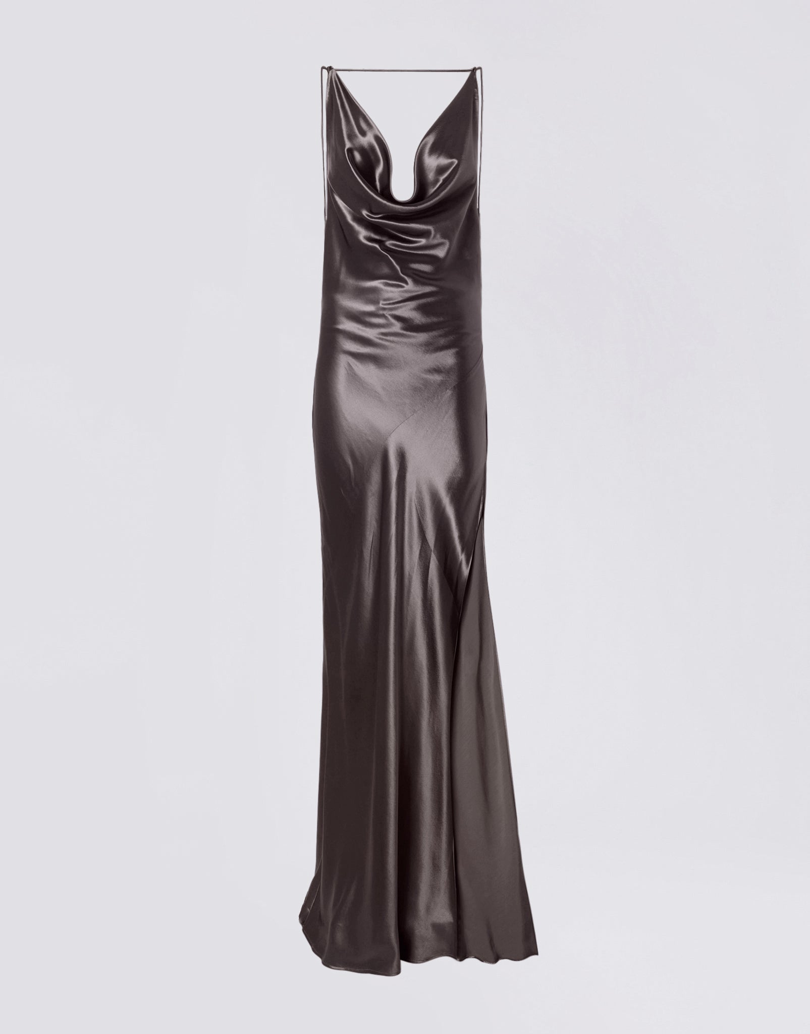 Frontal view of the Vera Maxi Dress in steel-colored shiny satin, featuring a plunging cowl neck, adjustable straps, and a floor-length elegant silhouette.