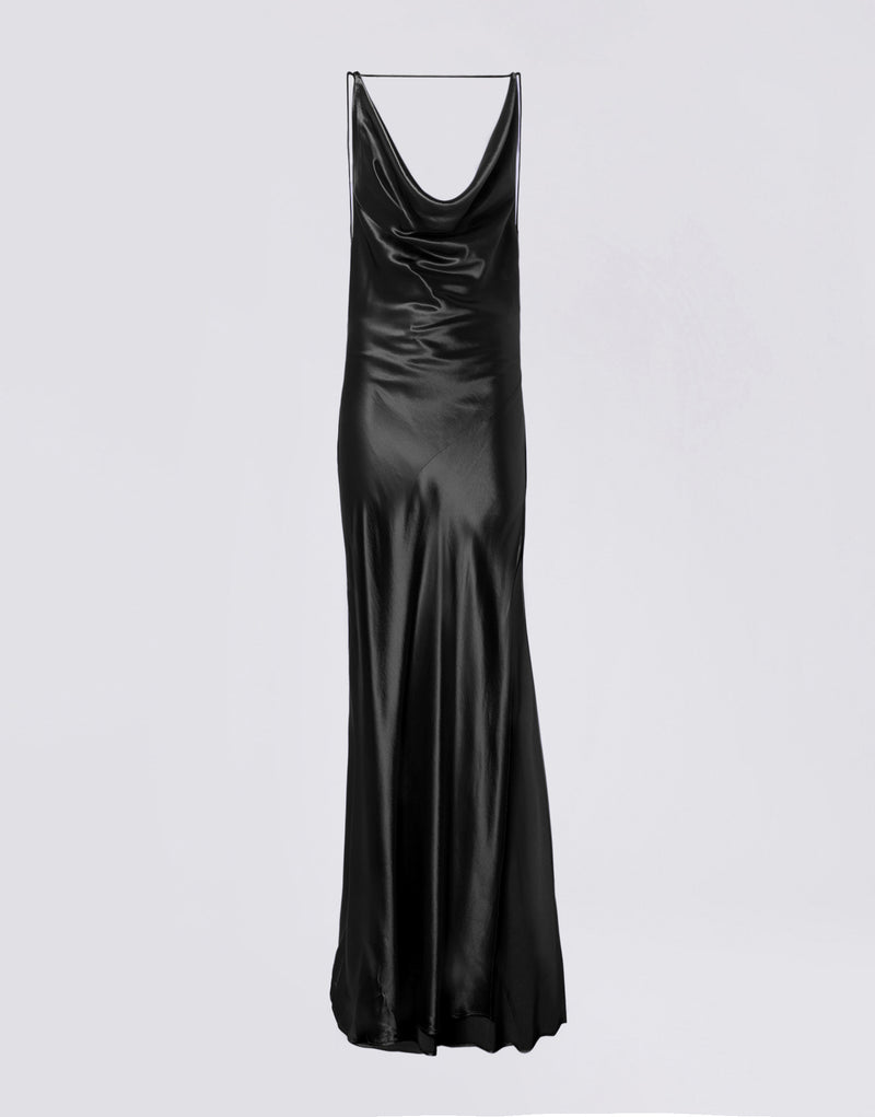 
                          Frontal view of the Vera Maxi Dress, a floor-length, black shiny satin gown with a plunging cowl neck and minimalist adjustable straps.
                        