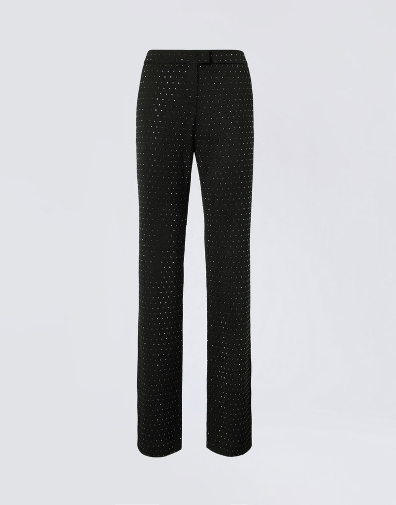
                          Frontal view of Gladys Pants, straight black wool and gabardine blend pants with all-over crystal embellishments, low waist, and front zip, button, and hook closure.
                        