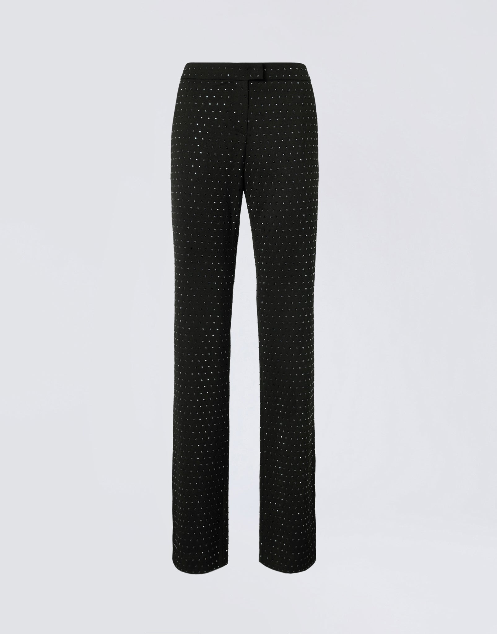 Frontal view of Gladys Pants, straight black wool and gabardine blend pants with all-over crystal embellishments, low waist, and front zip, button, and hook closure.