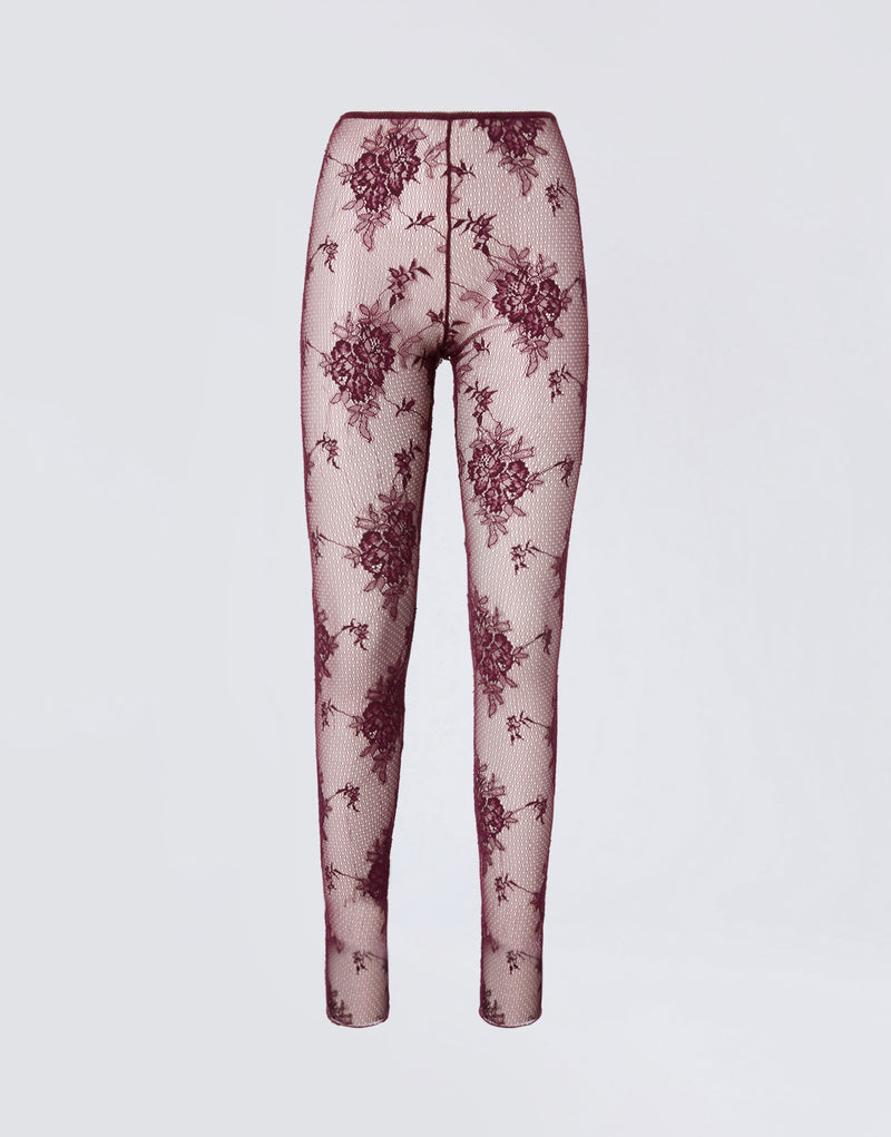 
                          Frontal view showing Zillah Leggings made from sheer cabernet lace, with floral patterns, mid-rise waist, solid trim, and full-length legs to the ankles.
                        